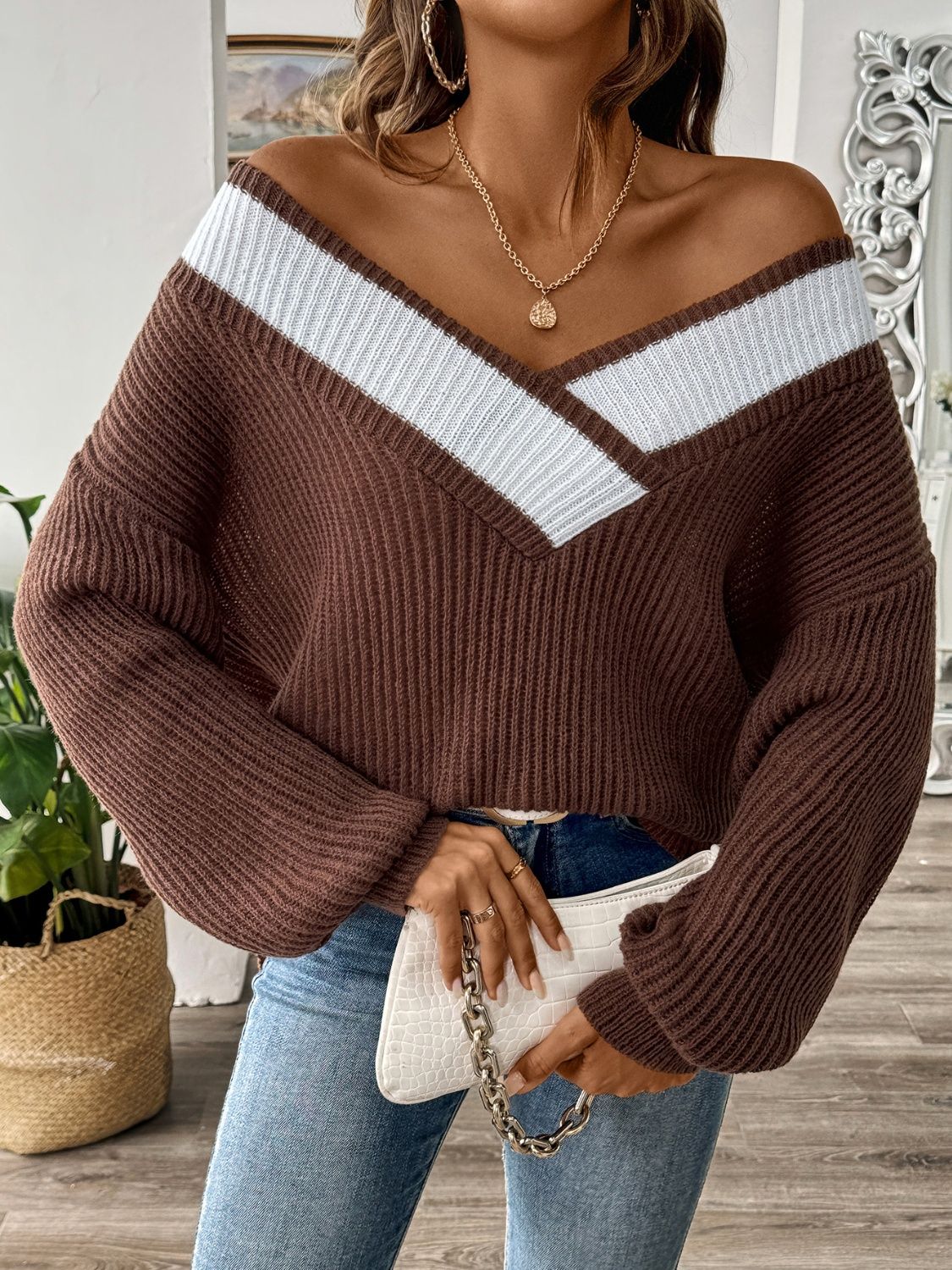 Contrast Dropped Shoulder Long Sleeve Sweater - Chocolate -