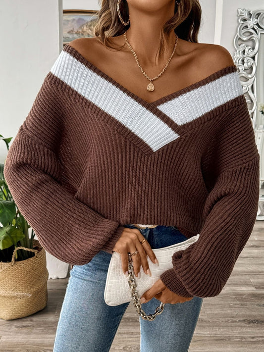 Contrast Dropped Shoulder Long Sleeve Sweater - Chocolate -