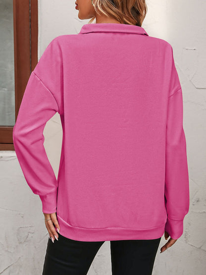 Mandy Zip-Up Dropped Shoulder Sweatshirt - Hot Pink -