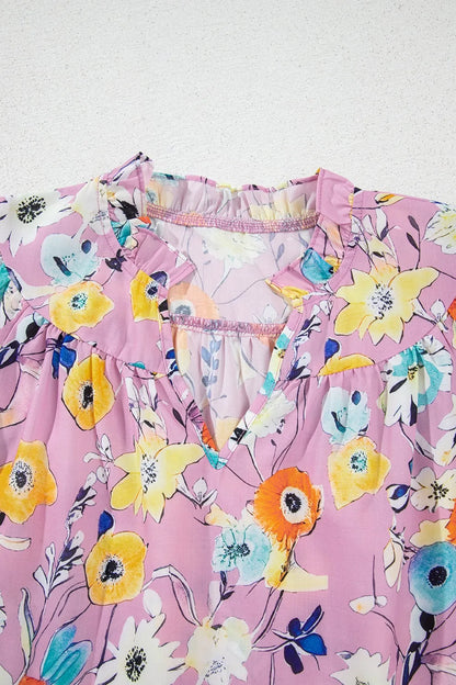 Printed Notched Double Layered Ruffle Sleeve Blouse - -