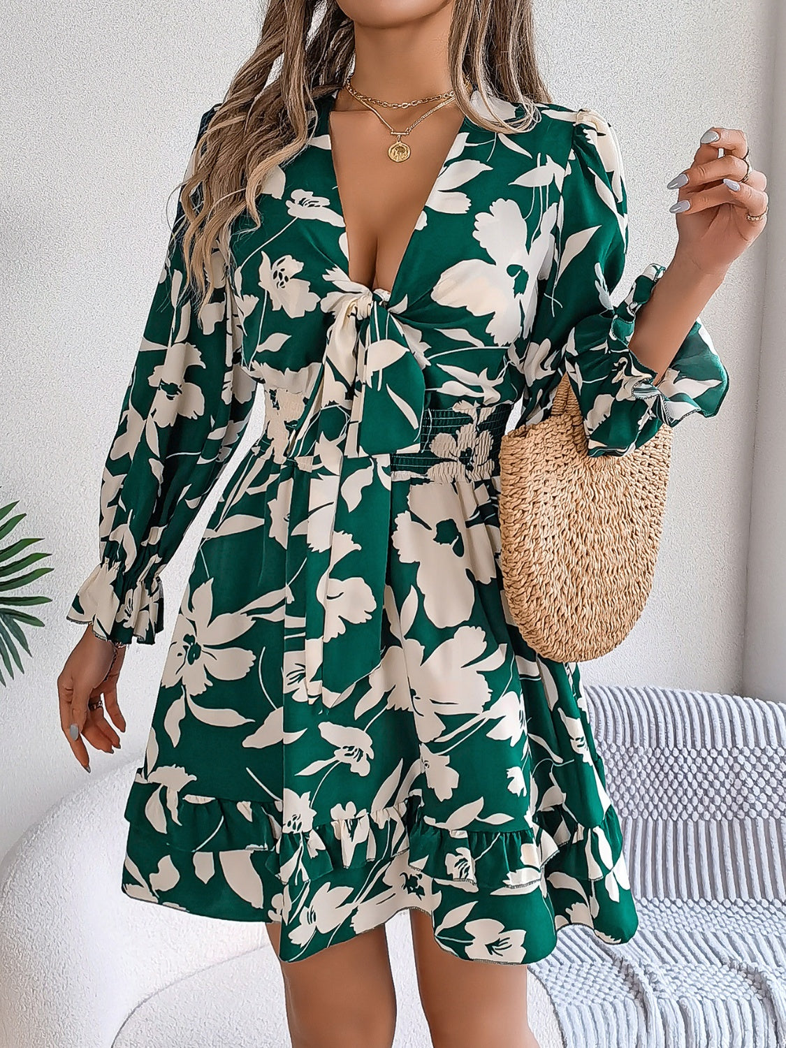 Tied Ruffled Printed Long Sleeve Dress - -