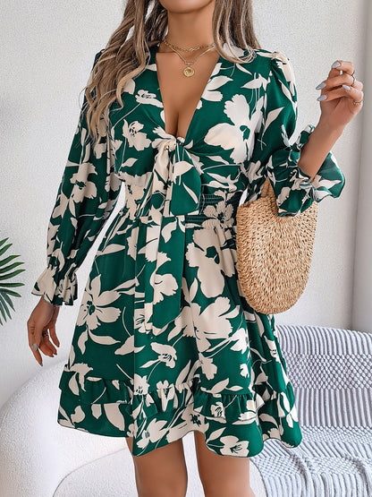 Tied Ruffled Printed Long Sleeve Dress - -