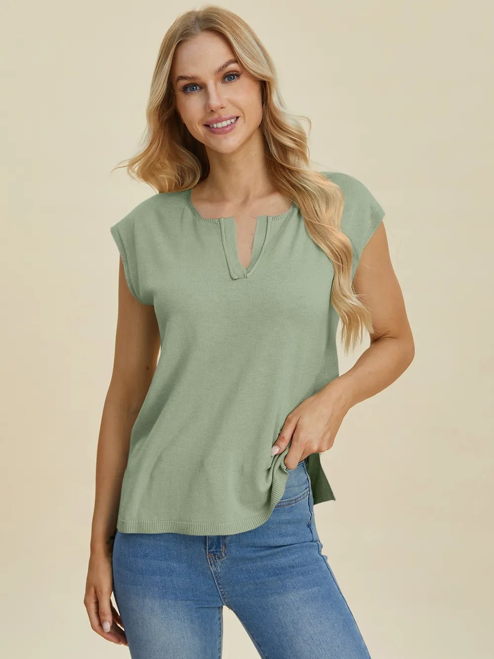 Double Take Full Size Notched Cap Sleeve Knit Top – | Shannon’s Chique Boutique