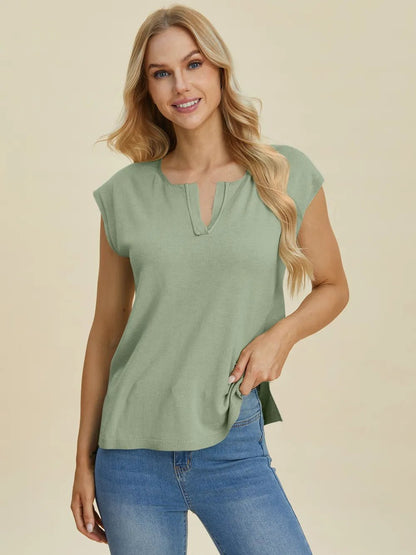 Double Take Full Size Notched Cap Sleeve Knit Top – | Shannon’s Chique Boutique