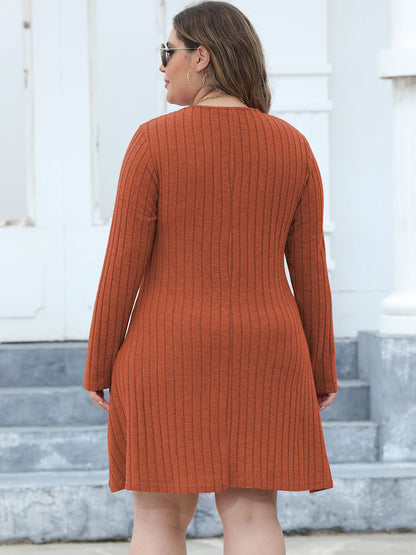 Plus Size Ribbed Buttoned V-Neck Long Sleeve Dress - -