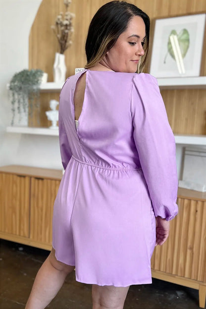 Double Take Full Size Drawstring Long Sleeve Romper - -