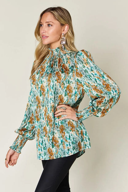 Double Take Full Size Printed Smocked Long Sleeve Blouse - -