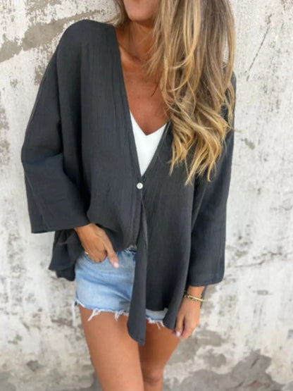 Full Size One Button Long Sleeve Shirt Plus Size - Dark Gray -