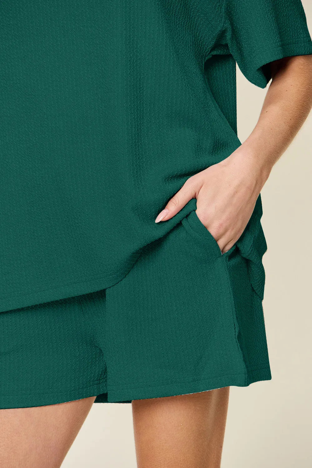 Double Take Basic style Round Neck Solid Set - -