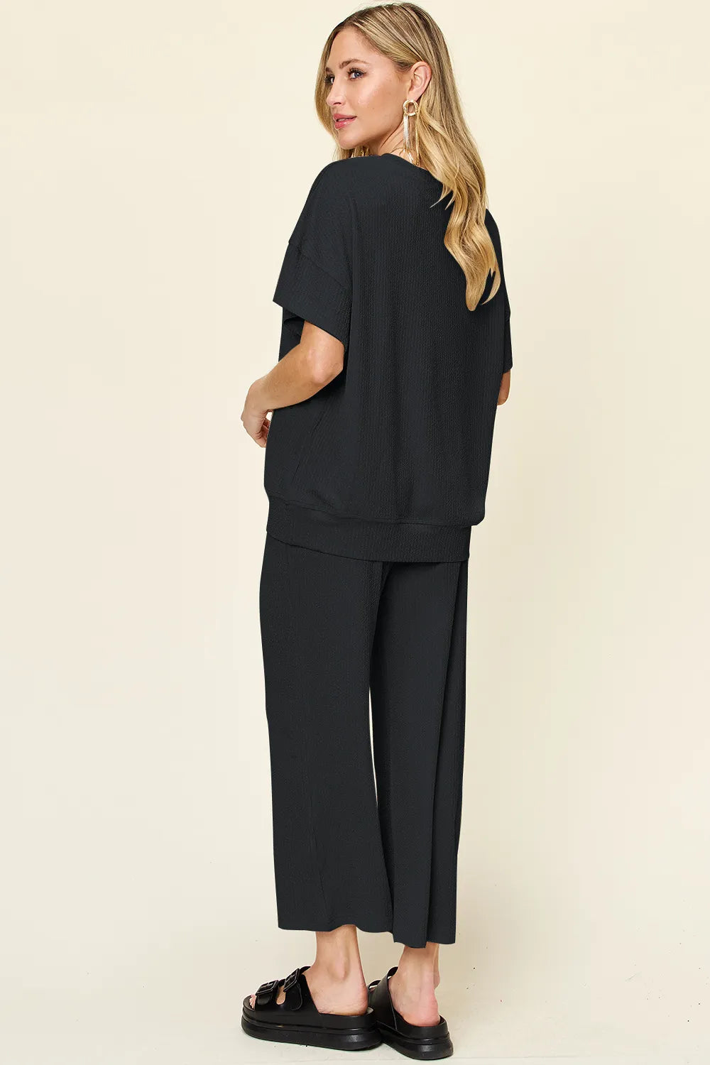 Double Take Full Size Texture Round Neck Short Sleeve T-Shirt and Wide Leg Pants - -