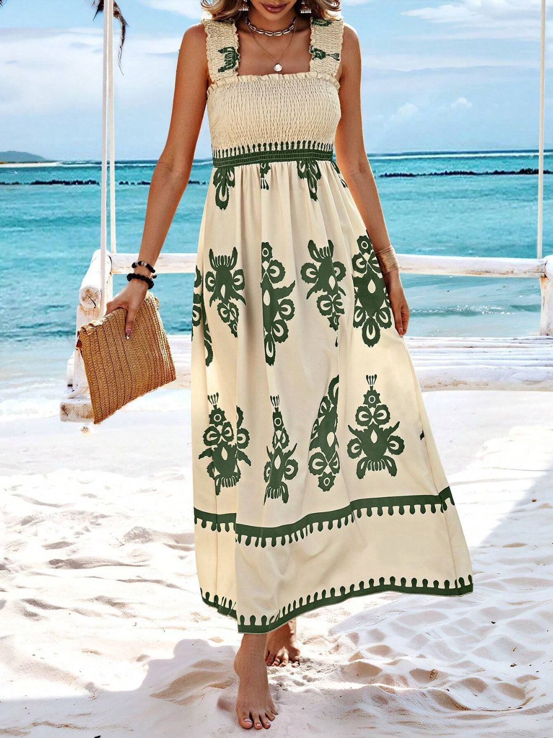 Smocked Printed Wide Strap Maxi Dress - -