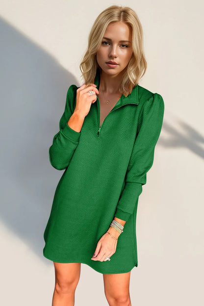 Double Take Textured Quarter Zip Long Sleeve Dress - Green -