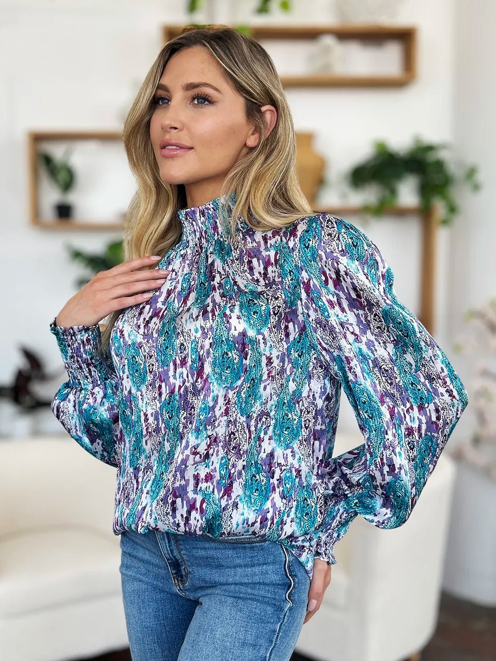 Double Take Full Size Printed Smocked Long Sleeve Blouse - -