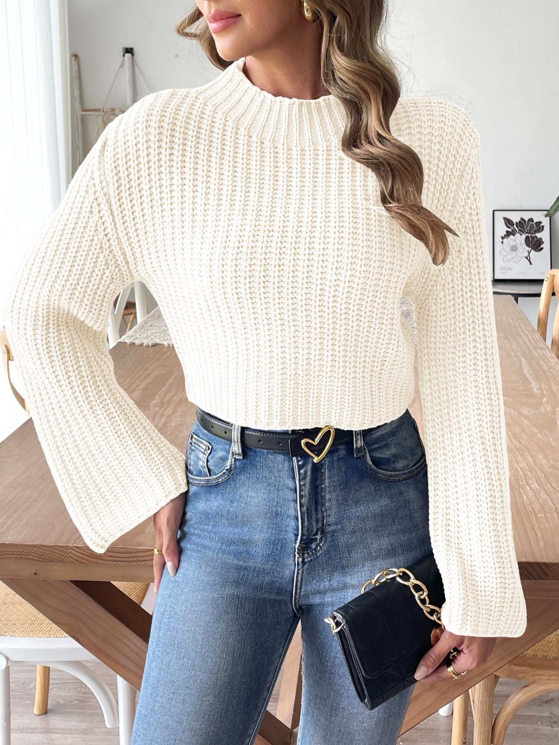 Mock Neck Long Sleeve Sweater - -