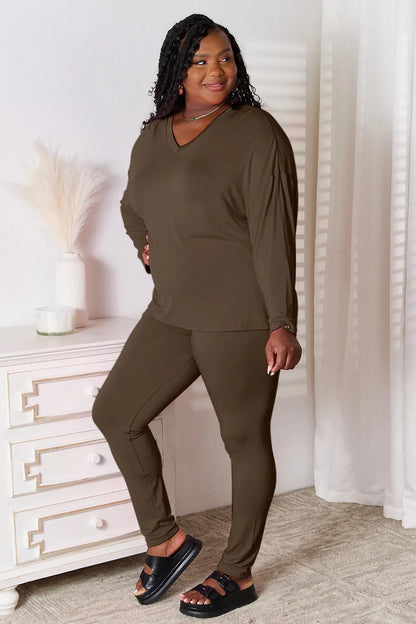 Basic Bae Bamboo Full Size V-Neck Long Sleeve Top and Pants Lounge Set - -