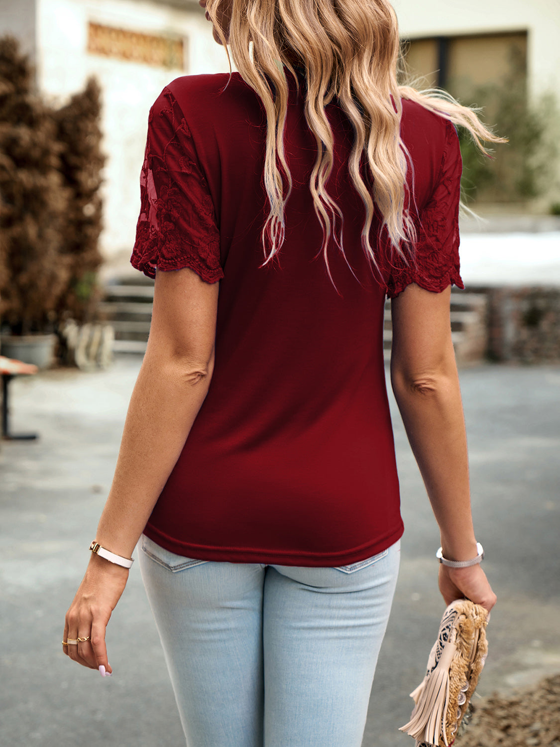 Devine Lace Detail Round Neck Short Sleeve T-Shirt