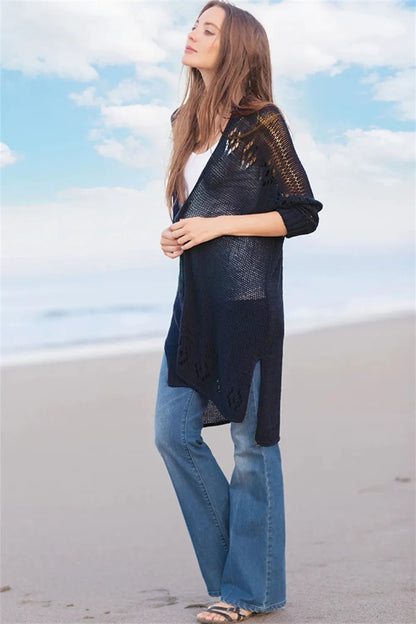 Openwork Side Slit Open Front Long Sleeve Cardigan - -