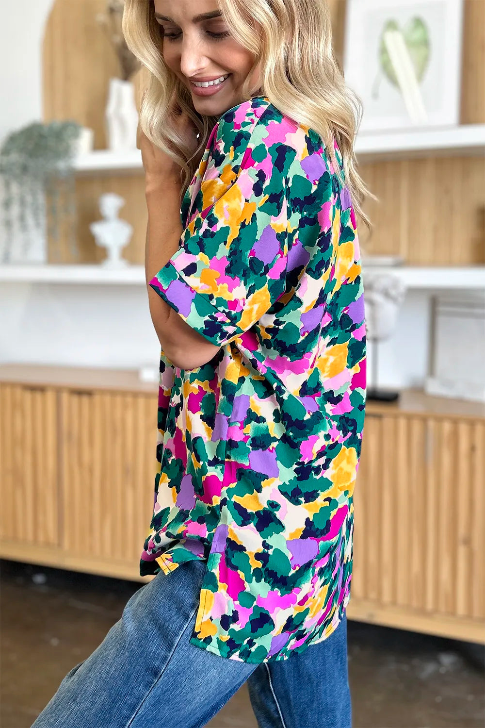 Double Take Full Size Printed V - Neck Short Sleeve Side Slit Top – | Shannon’s Chique Boutique