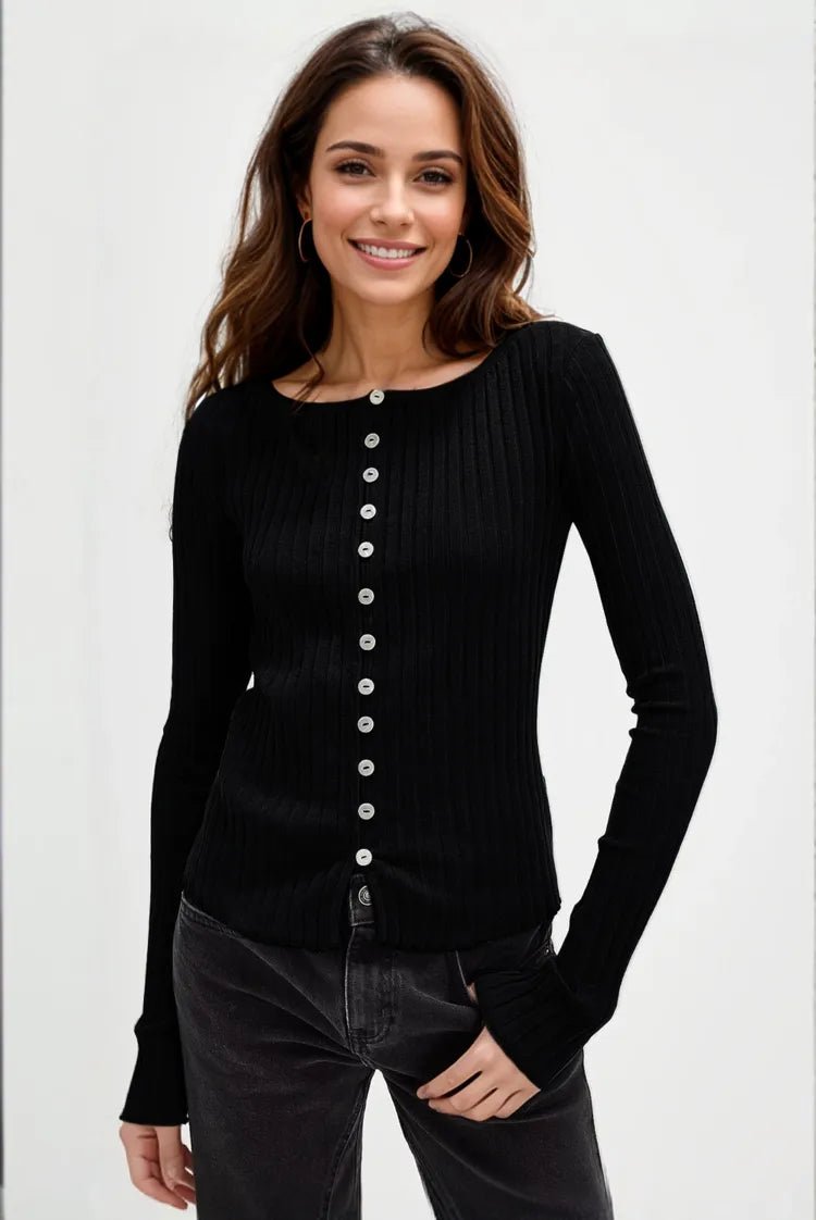 Basic Bae Texture Button Up Round Neck Long Sleeve Top - -