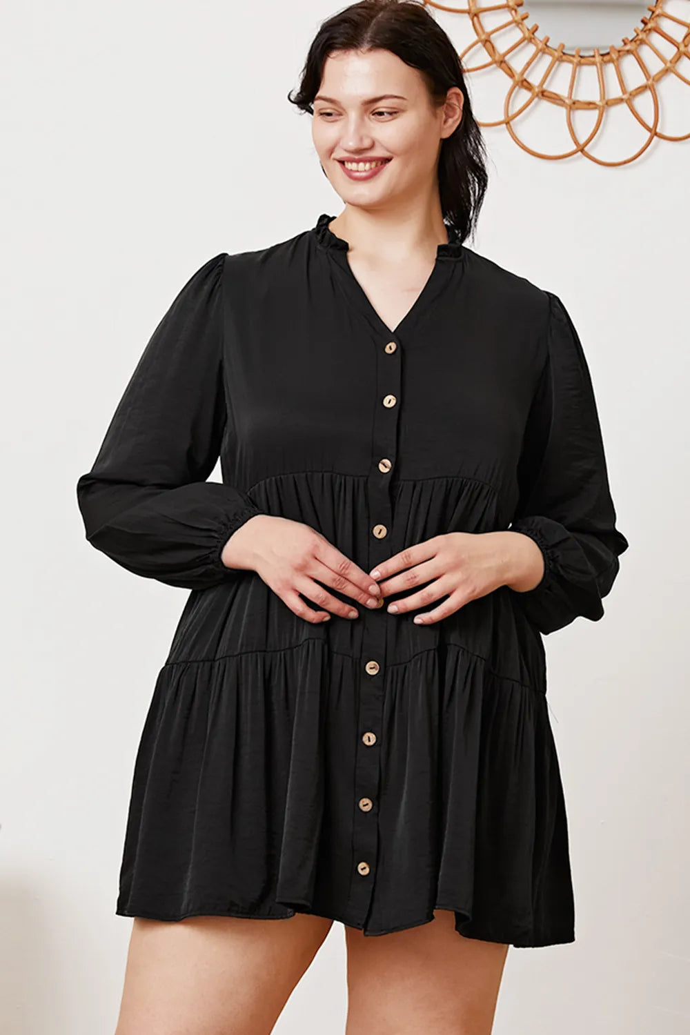 Ruffled Button Up Long Sleeve Tiered Shirt - -