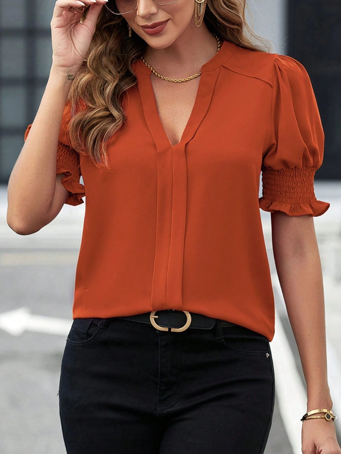 Notched Short Sleeve Blouse