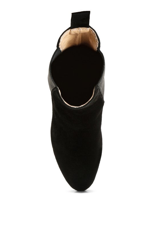 Black suede ankle boot with leather trim and pull tab.