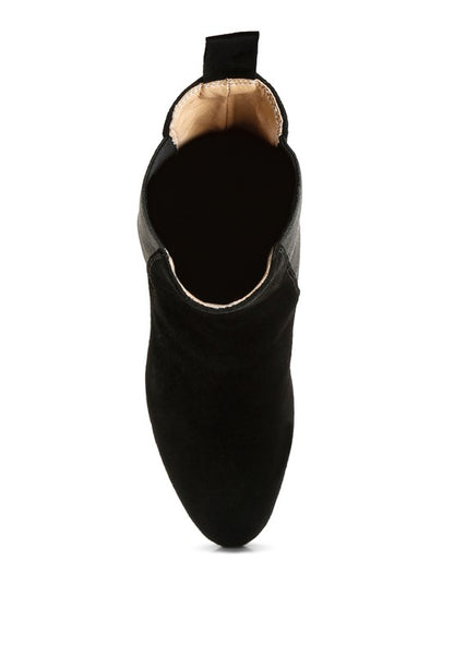 Black suede ankle boot with leather trim and pull tab.