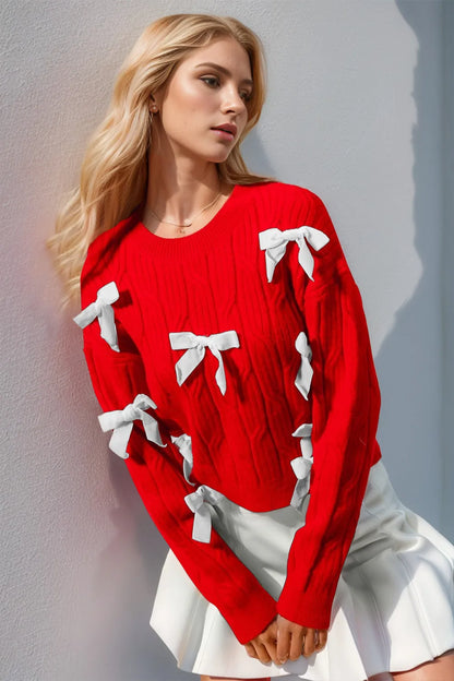 Double Take Full Size Bow Cable-Knit Round Neck Sweater - Red -