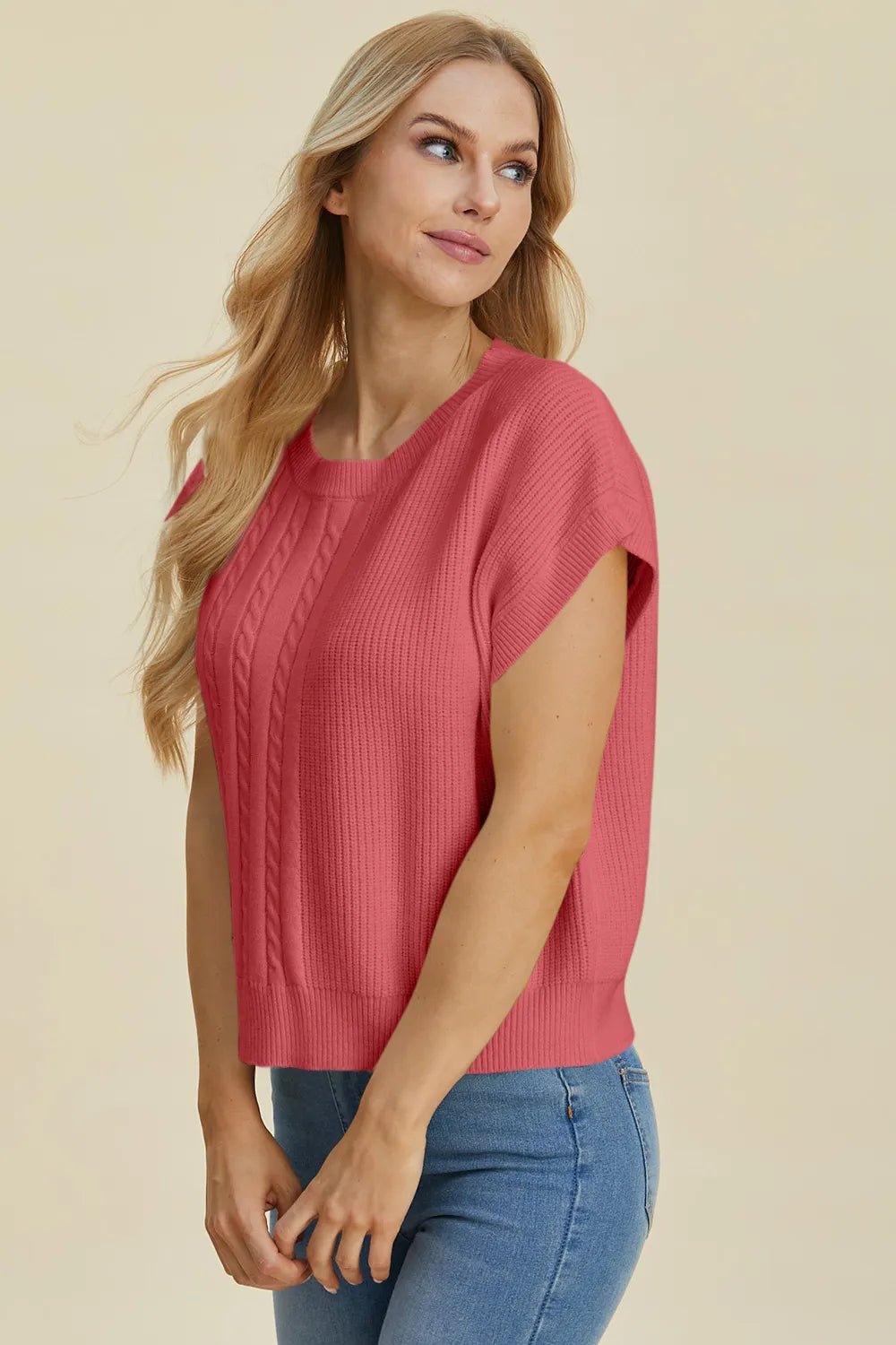 Double Take Full Size Cable-Knit Round Neck Short Sleeve Sweater - -