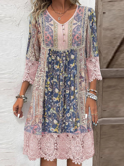 Boho Lace Detail Floral Dress – 3/4 Sleeves & Patchwork Print - Blush Pink -