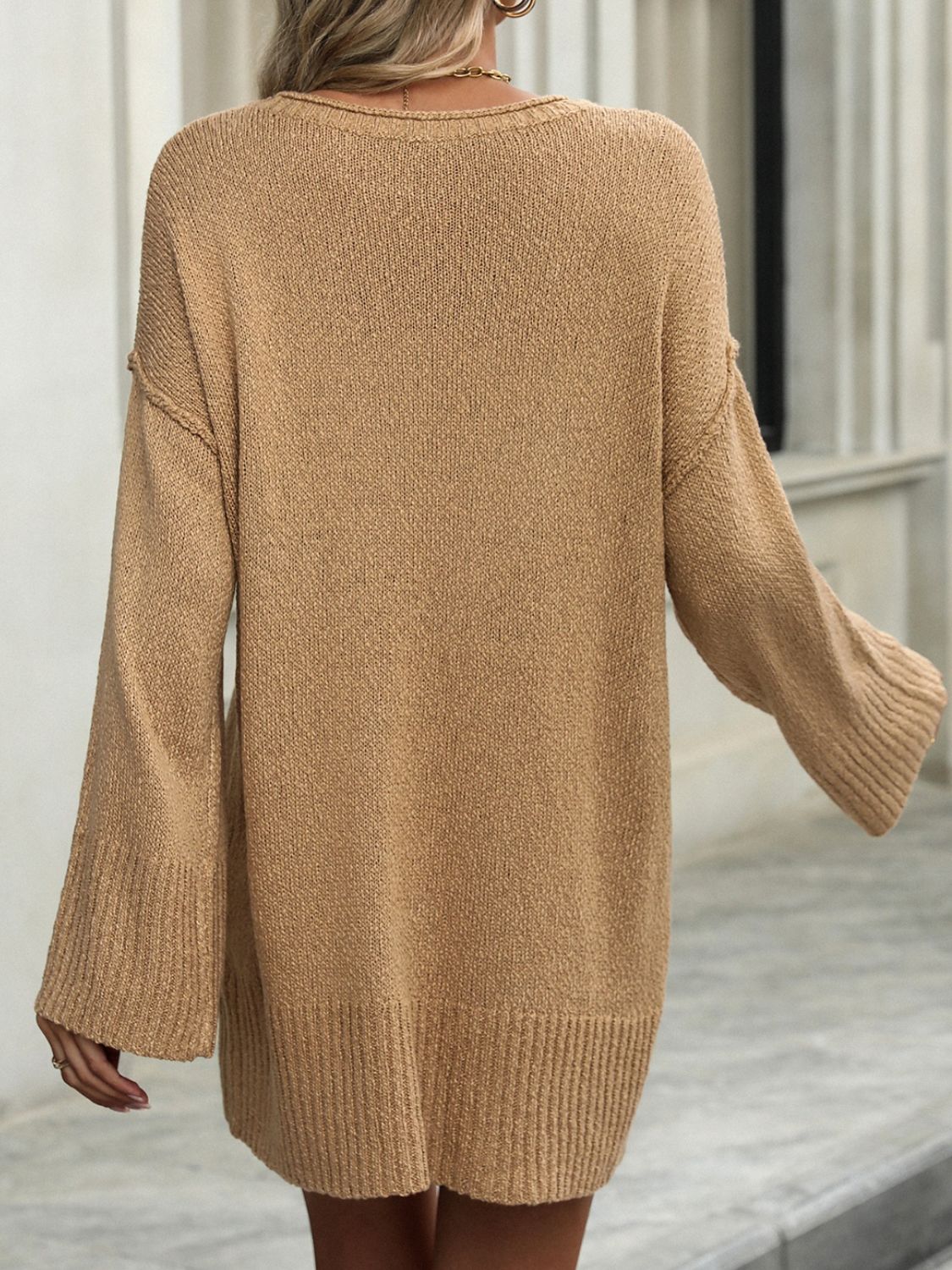 Round Neck Dropped Shoulder Sweater - -
