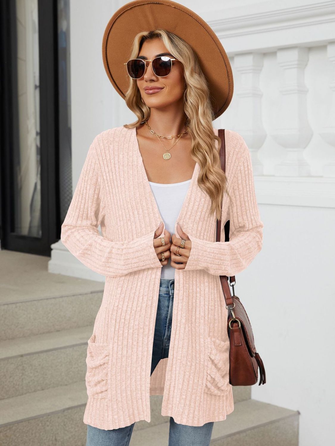 Pocketed Open Front Long Sleeve Cardigan - -