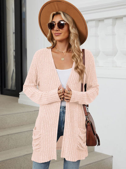 Pocketed Open Front Long Sleeve Cardigan - -