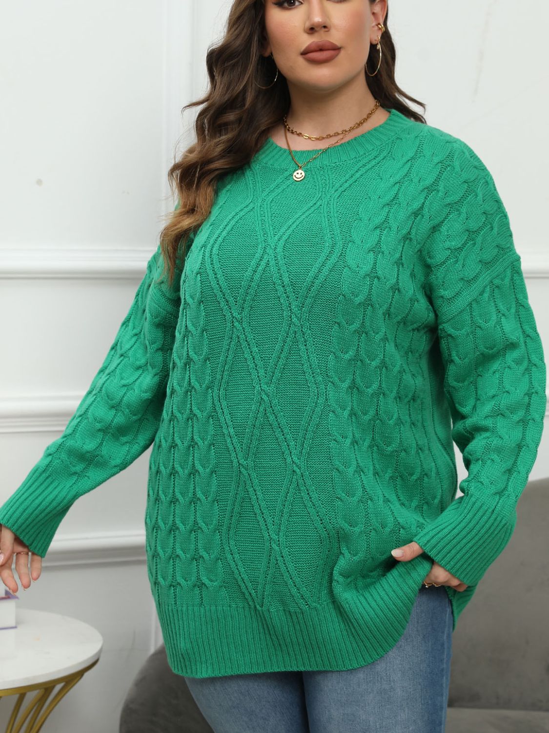 Plus Size Round Neck Long Sleeve Sweater - -