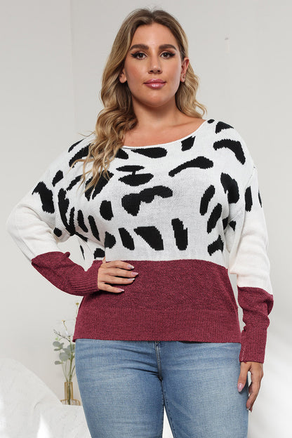 Plus Size Leopard Round Neck Long Sleeve Sweater - Wine -