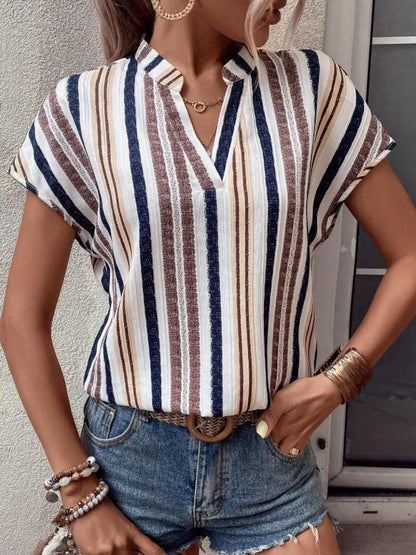 Striped Notched Short Sleeve Shirt - Taupe -