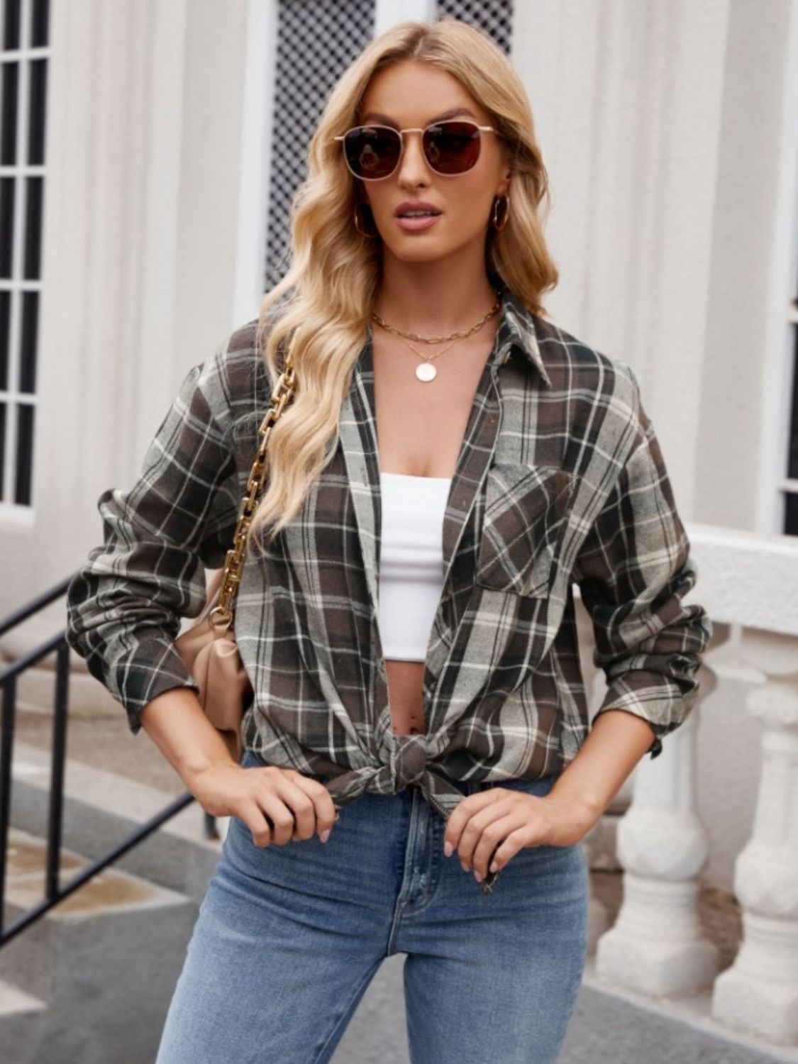 Pocketed Plaid Collared Neck Long Sleeve Shirt - -