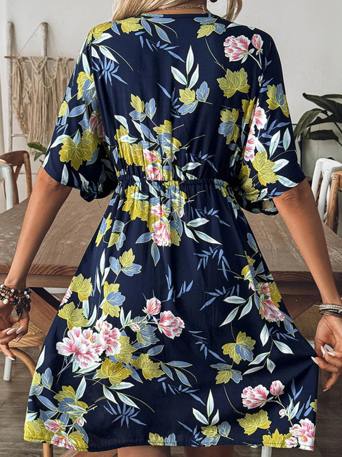 Crochet Front V-Neck Printed Cover-Up - -