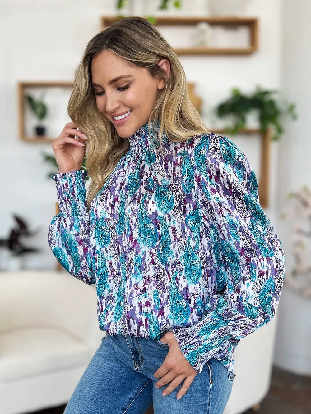 Double Take Full Size Printed Smocked Long Sleeve Blouse - -