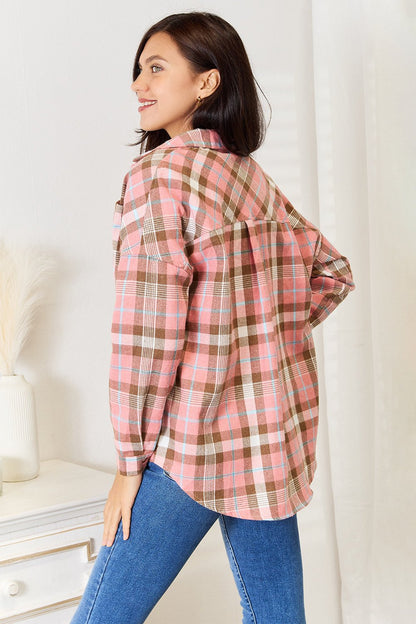 Double Take Plaid Collared Neck Long Sleeve Button-Up Shirt - -