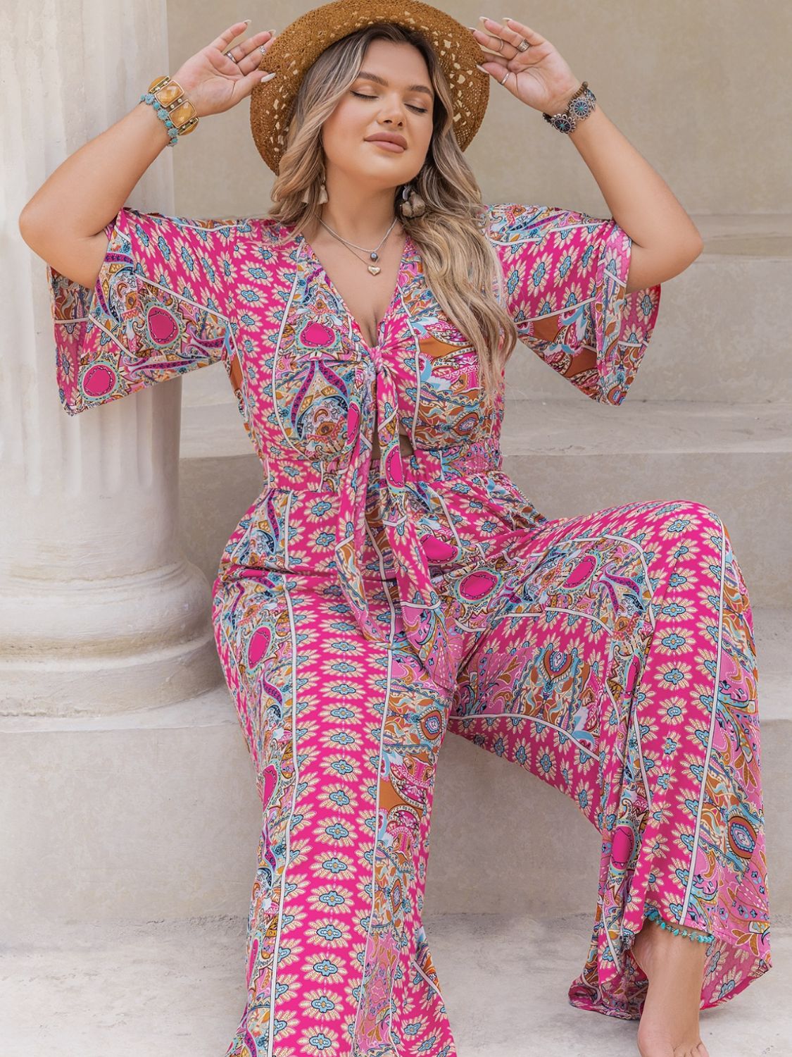 Plus Size Printed Half Sleeve Wide Leg Jumpsuit - -