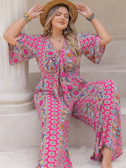 Plus Size Printed Half Sleeve Wide Leg Jumpsuit - -