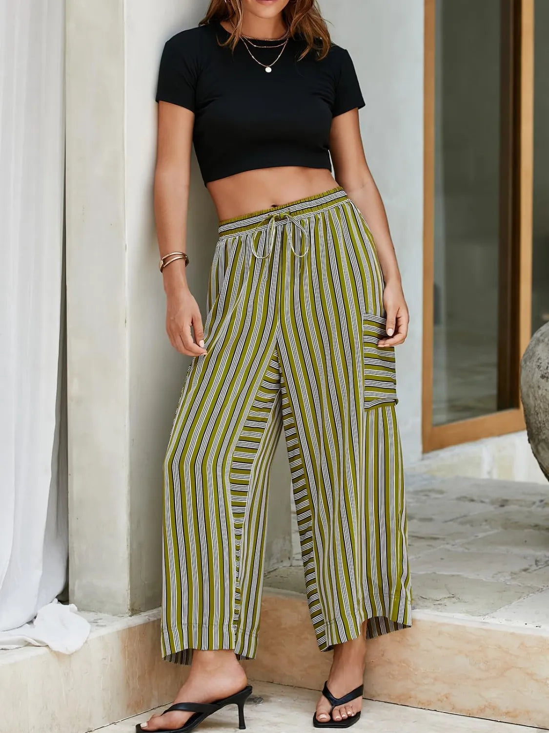 Contrast Striped Wide leg Pants - Moss -