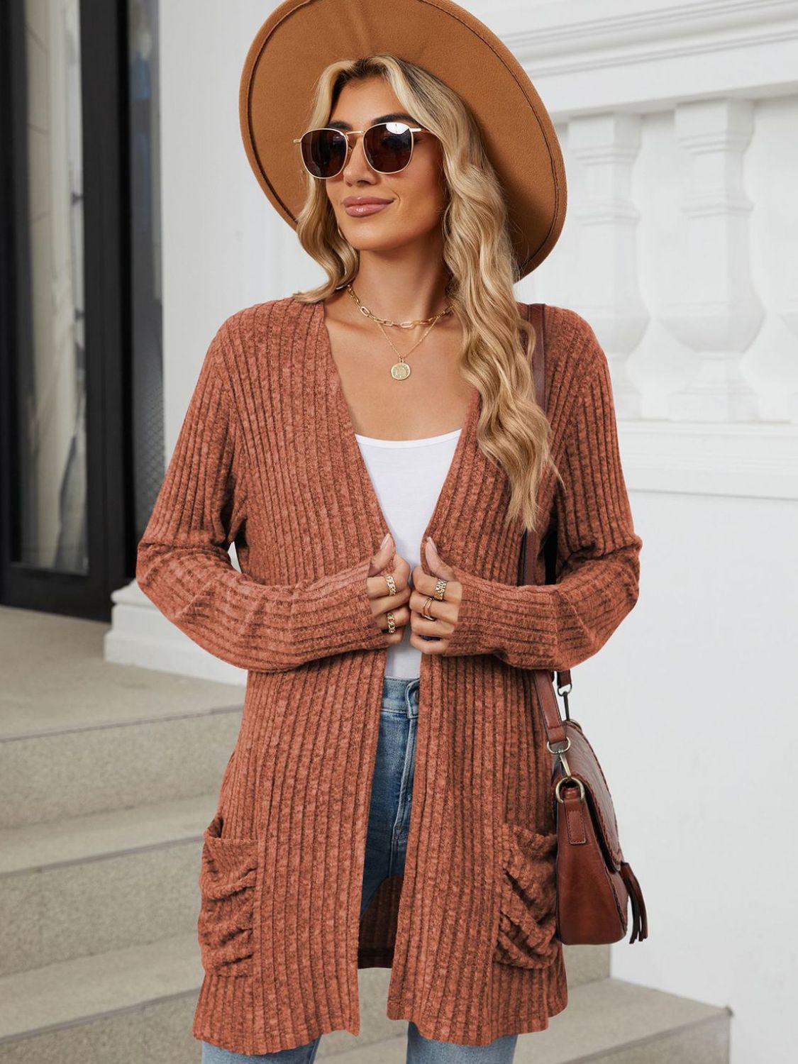 Pocketed Open Front Long Sleeve Cardigan - -