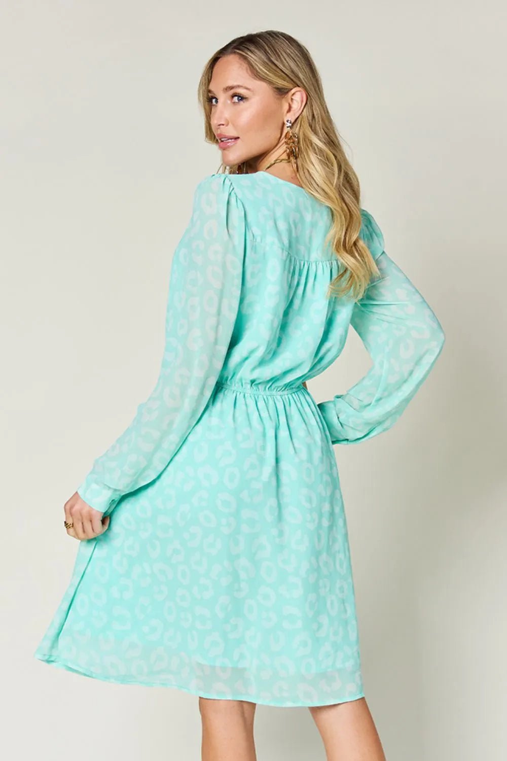Double Take Full Size Printed Ruched V - Neck Long Sleeve Dress – | Shannon’s Chique Boutique
