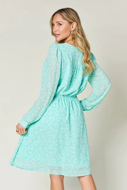Double Take Full Size Printed Ruched V - Neck Long Sleeve Dress – | Shannon’s Chique Boutique