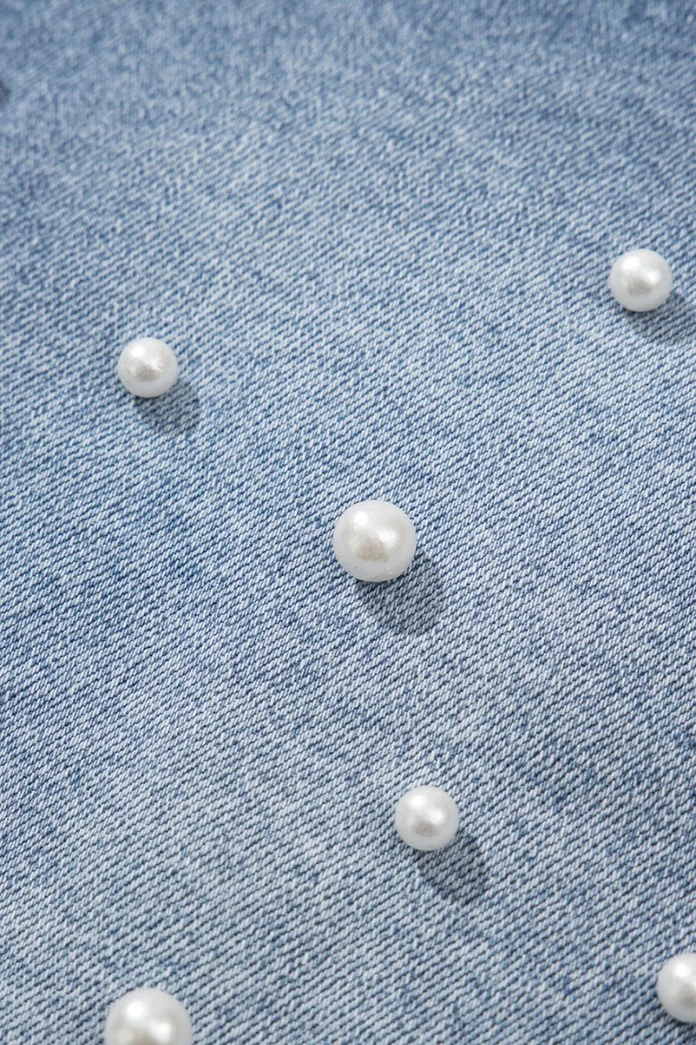 Pearl Beaded Raw Hem Wash Denim Shorts - -