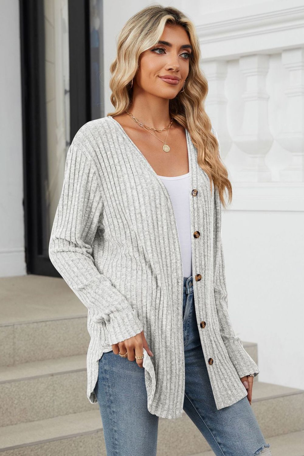 Ribbed Button Up Long Sleeve Cardigan