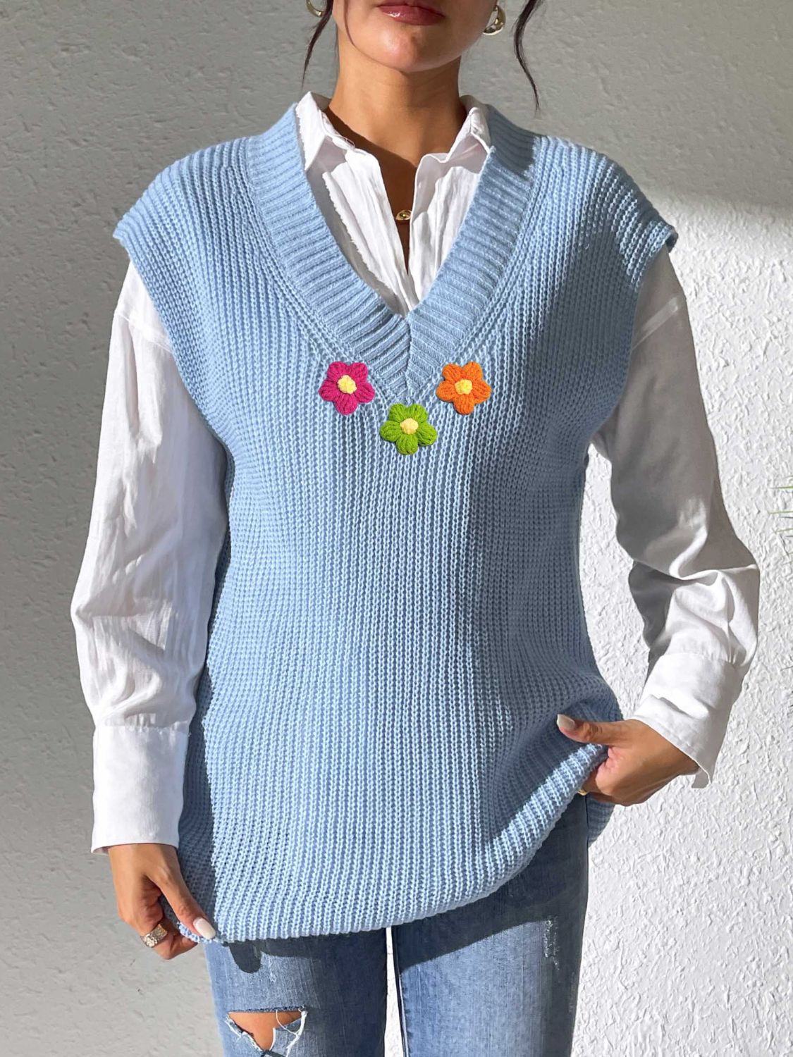 Flower V-Neck Sweater Vest - Light Blue One Size -