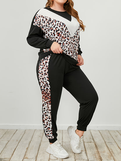 Plus Size Leopard Sweatshirt and Sweatpants Set - Leopard -
